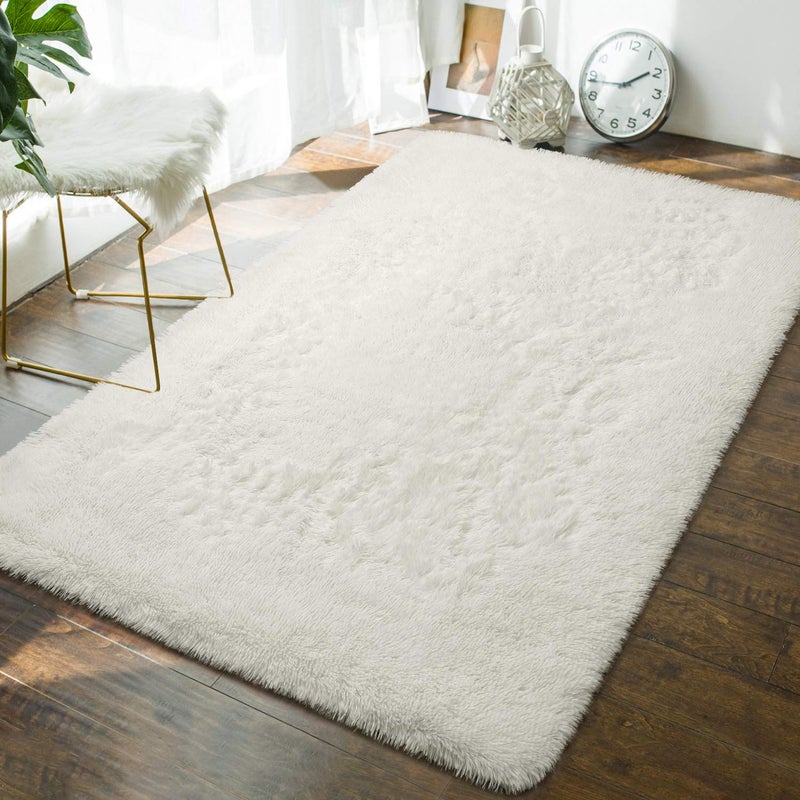 Andecor Soft Fluffy Bedroom Rugs, 4 x 6 Feet Indoor Shaggy Plush Area Rug for Boys Girls Kids Baby College Dorm Living Room Home Decor Floor Carpet, Cream White - Image 1